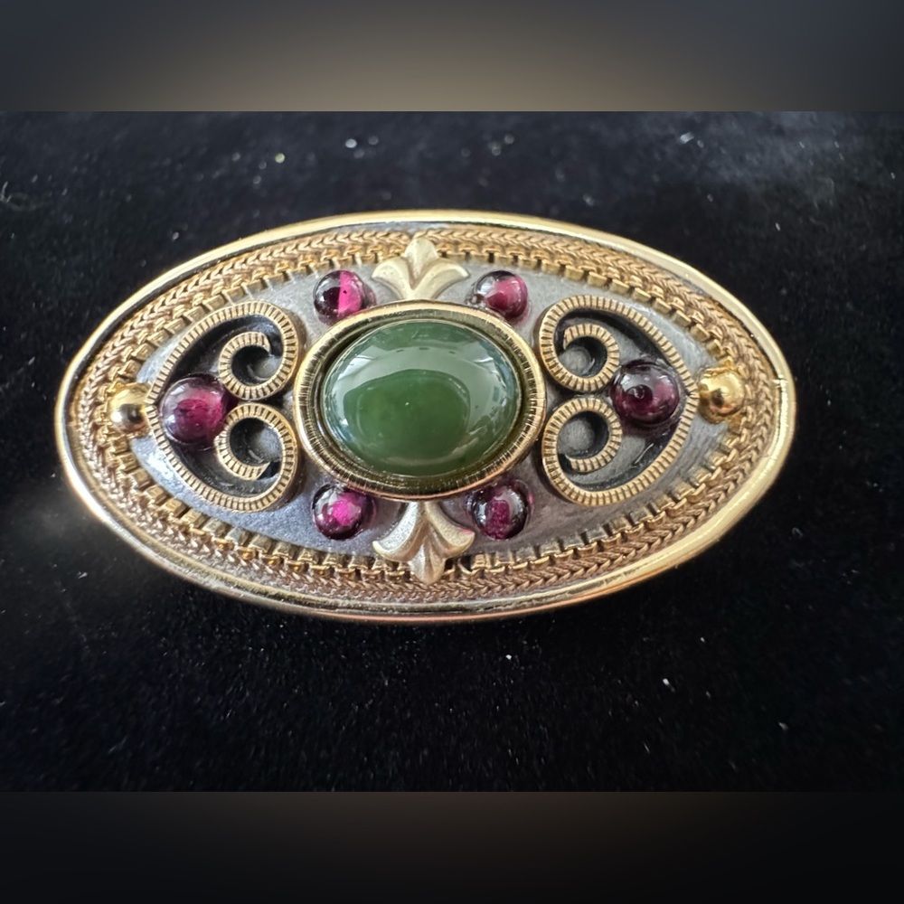 MICHAL GOLAN Silver & Gold Tone Oval Pin Brooch Pendant With Garnet / Jade - Picture 2 of 9